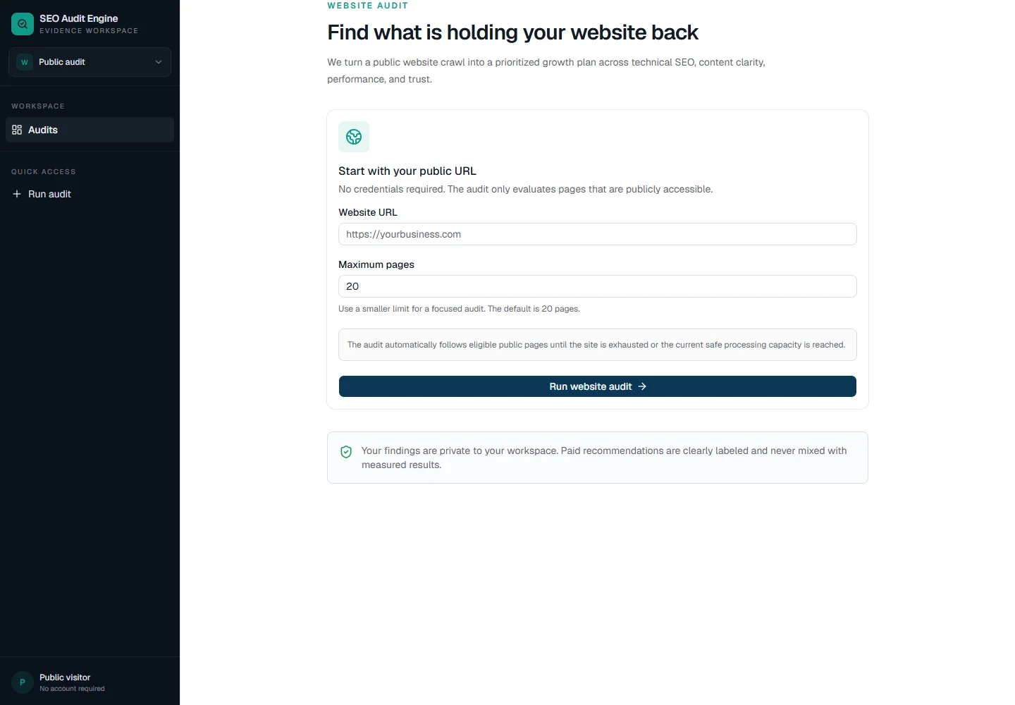 SEO Audit Engine form for entering a public website URL and page limit