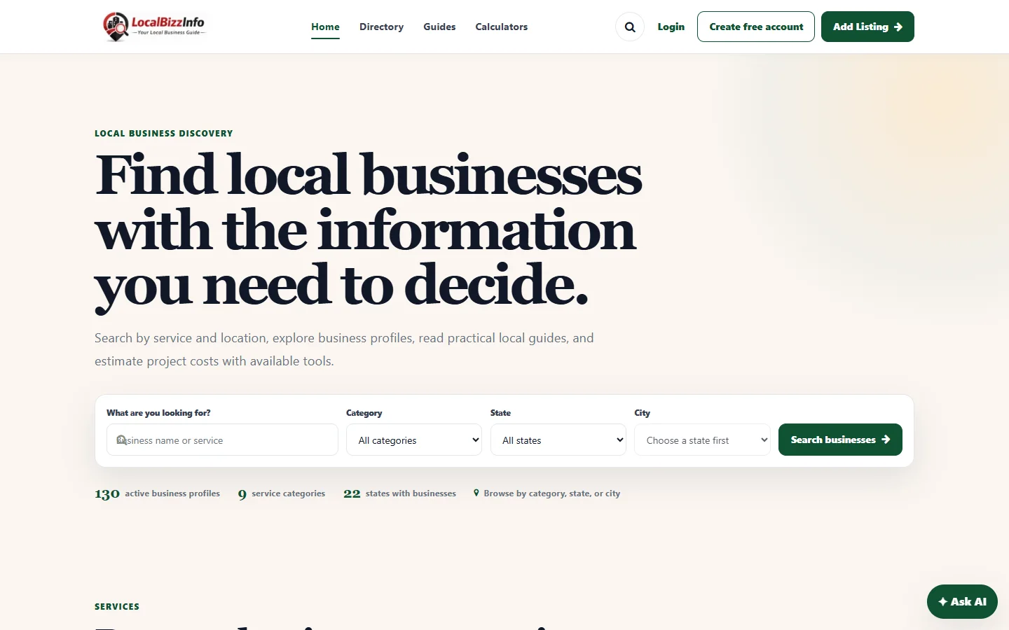 LocalBizzInfo public website desktop preview